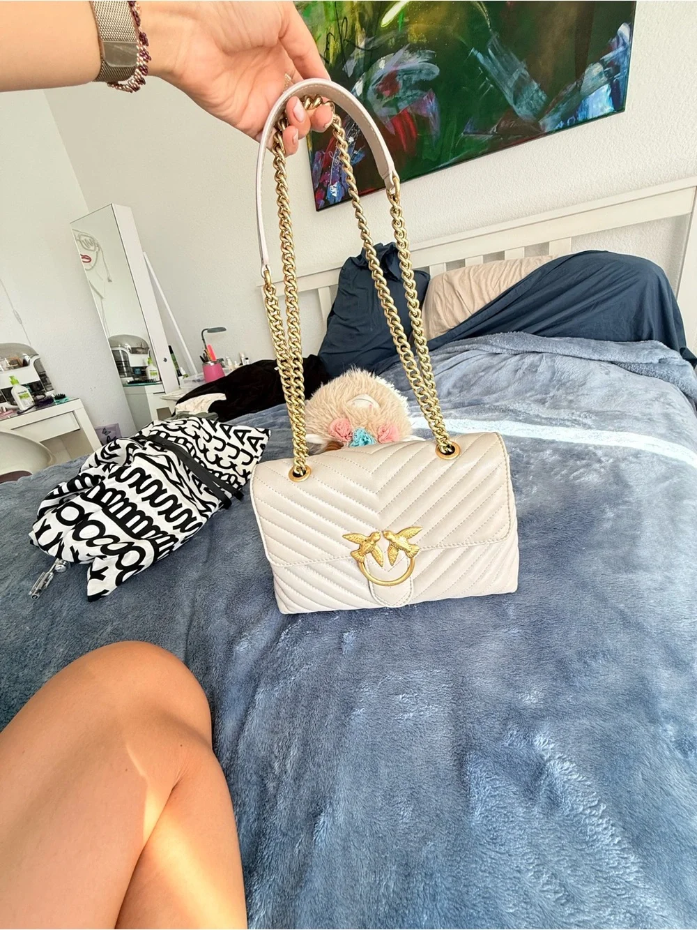 PINKO Love Bag Chevron Greige Leather Gold Chain Shoulder Bag